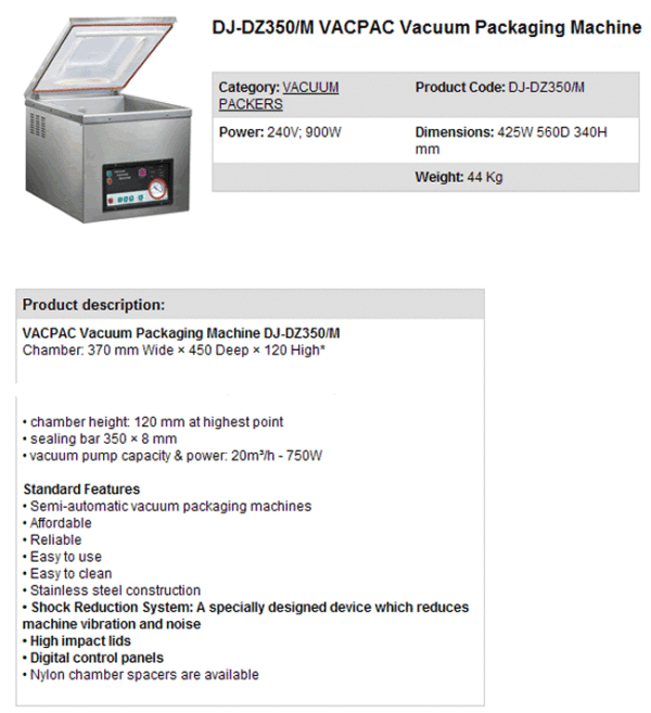 303 Vacpac Vacuum Packing Machine Chamber Specs for Vacpac DJ DZ350 M
